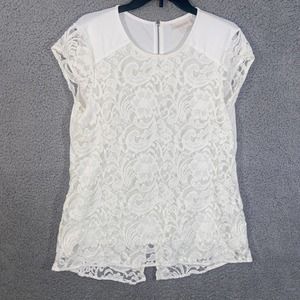 Chico's Top Womens 1 White Floral Lace Slit Back Cap Sleeves Zip Back Casual